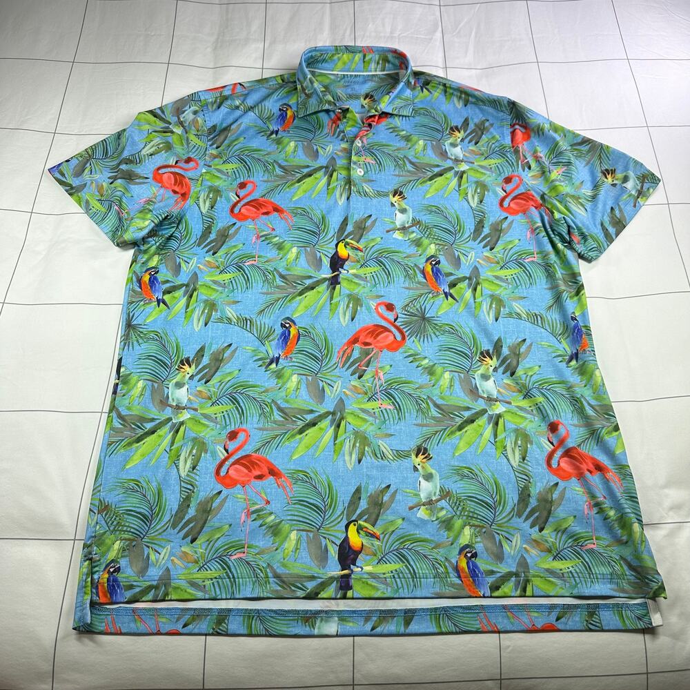 Johnnie-O Polo Shirt Mens XL Blue Green Tropical Neptune Golf Resort Vacation
